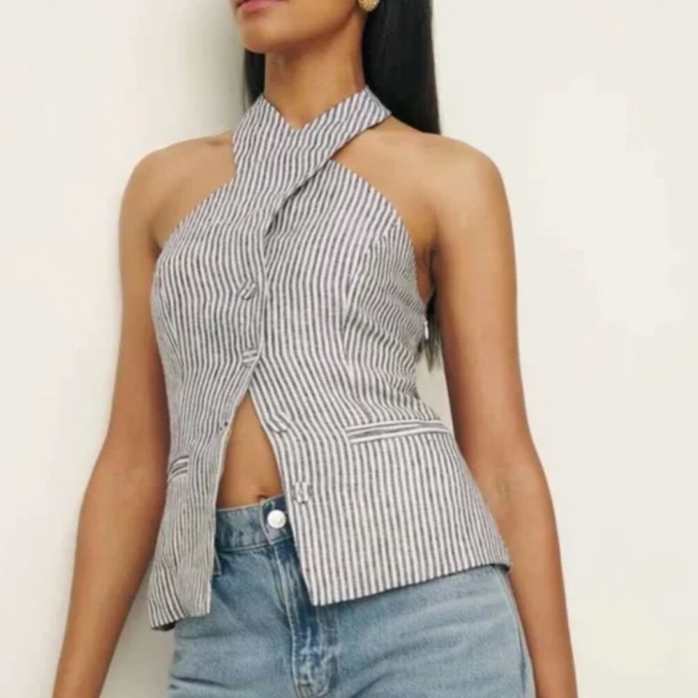 Reformation Black and White Striped Halter Top